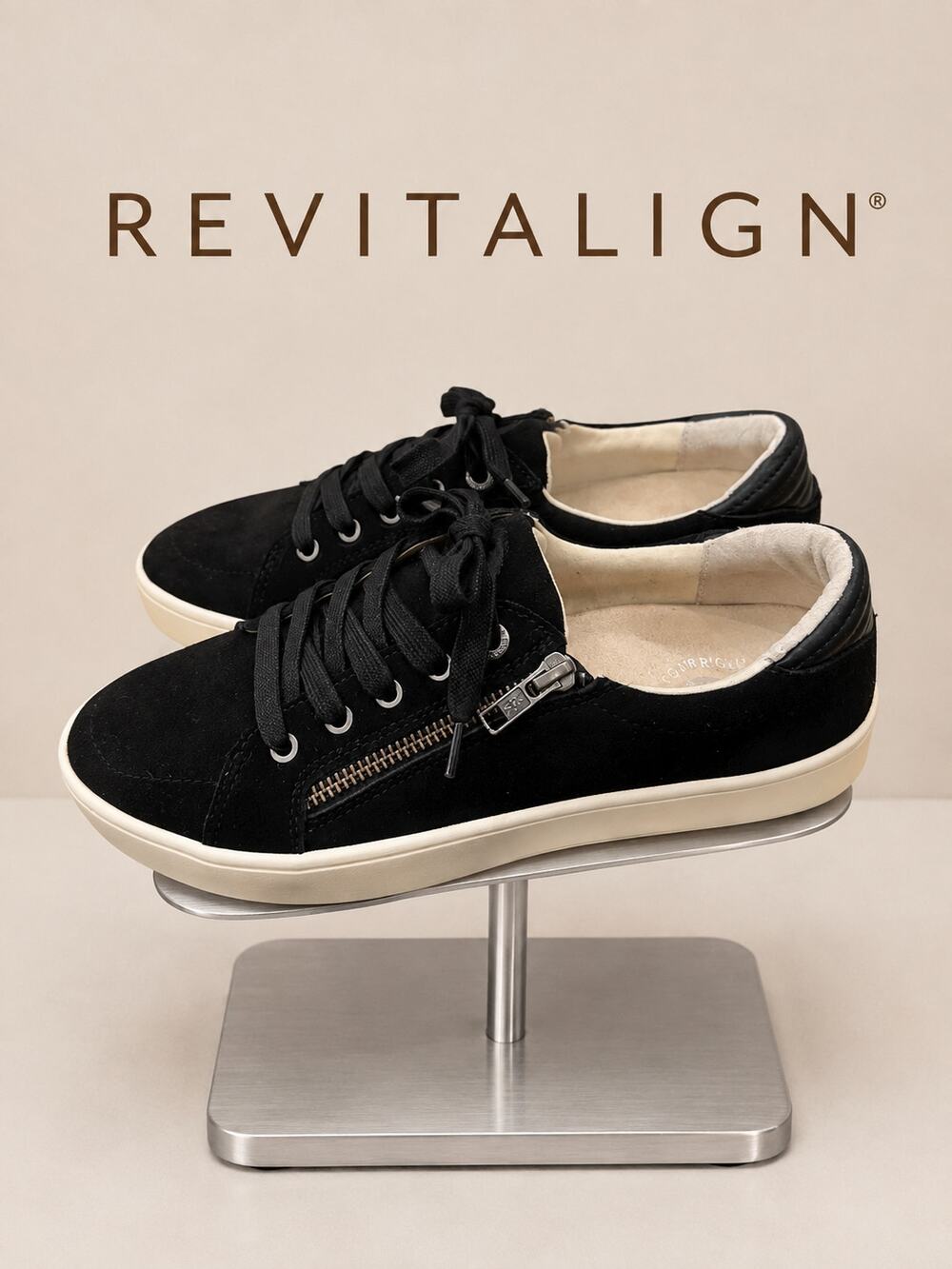 NIB Revitalign Black Suede Zip Lace Comfort Sneakers US 8B EU 38.5